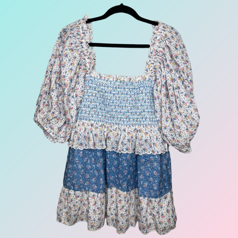 LoveShackFancy Shaw tiered puff sleeve Vista blue floral mini dress size small